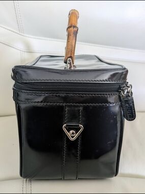 Gucci Black Patent Leather Vanity Case Handbag Bamboo Top-Handle Vintage